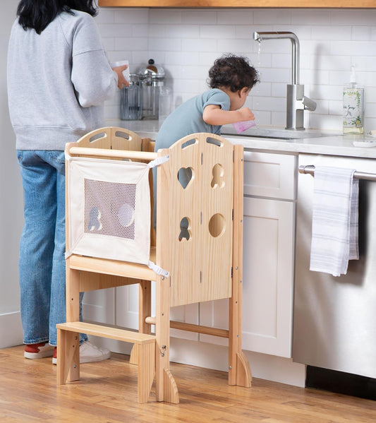 Presenting the Versatile 4-in-1 Kitchen Tower for Toddlers: Featuring a Chalkboard, Desk, Table, and Seat! Perfectly Suited for Little Ones Aged 18 Months to 6 Years.